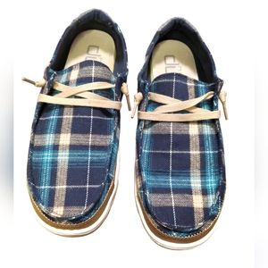 Hey Dude Blue Plaid Shoes Sz 9